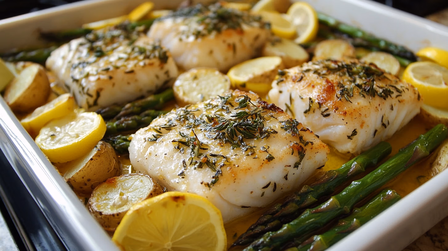 Baked Lemon Herb Cod with Asparagus and Potatoes great for dinner