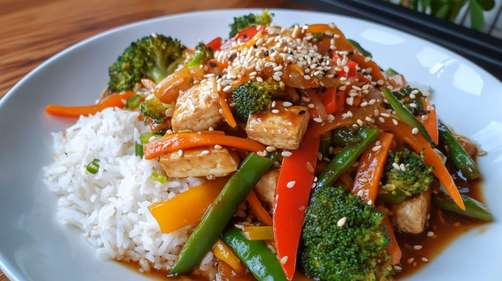 Ginger Garlic Tofu with Stir-Fried Vegetables and Rice