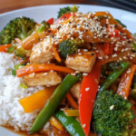 Ginger Garlic Tofu with Stir-Fried Vegetables and Rice
